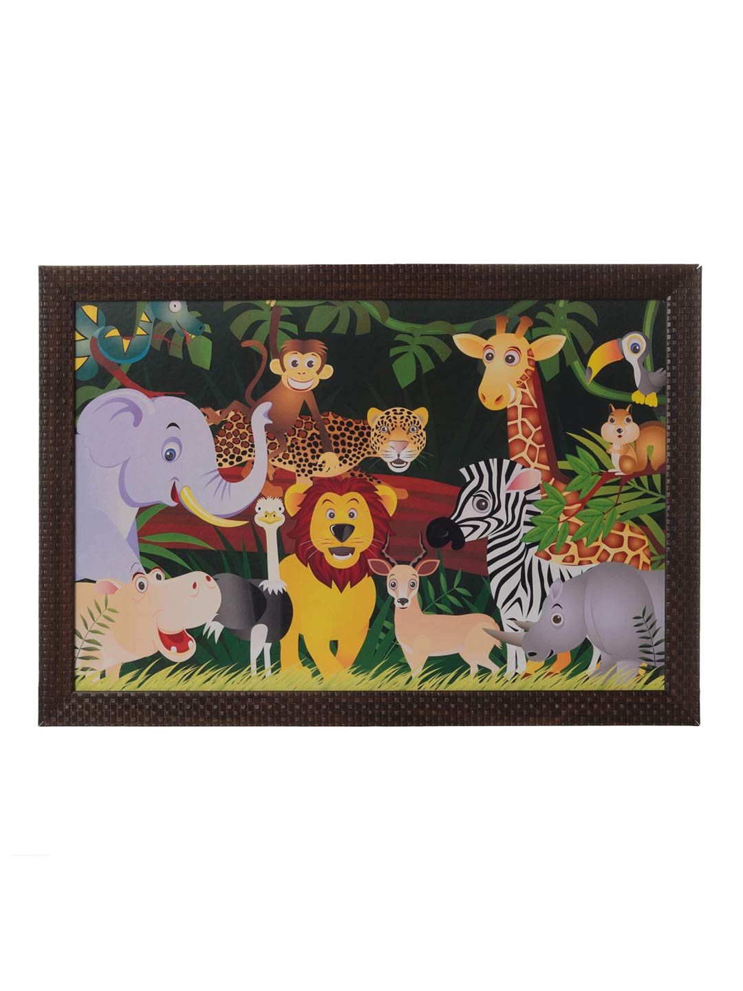 eCraftIndia Multicoloured Happy Jungle Animals Matt UV Framed Wall Art