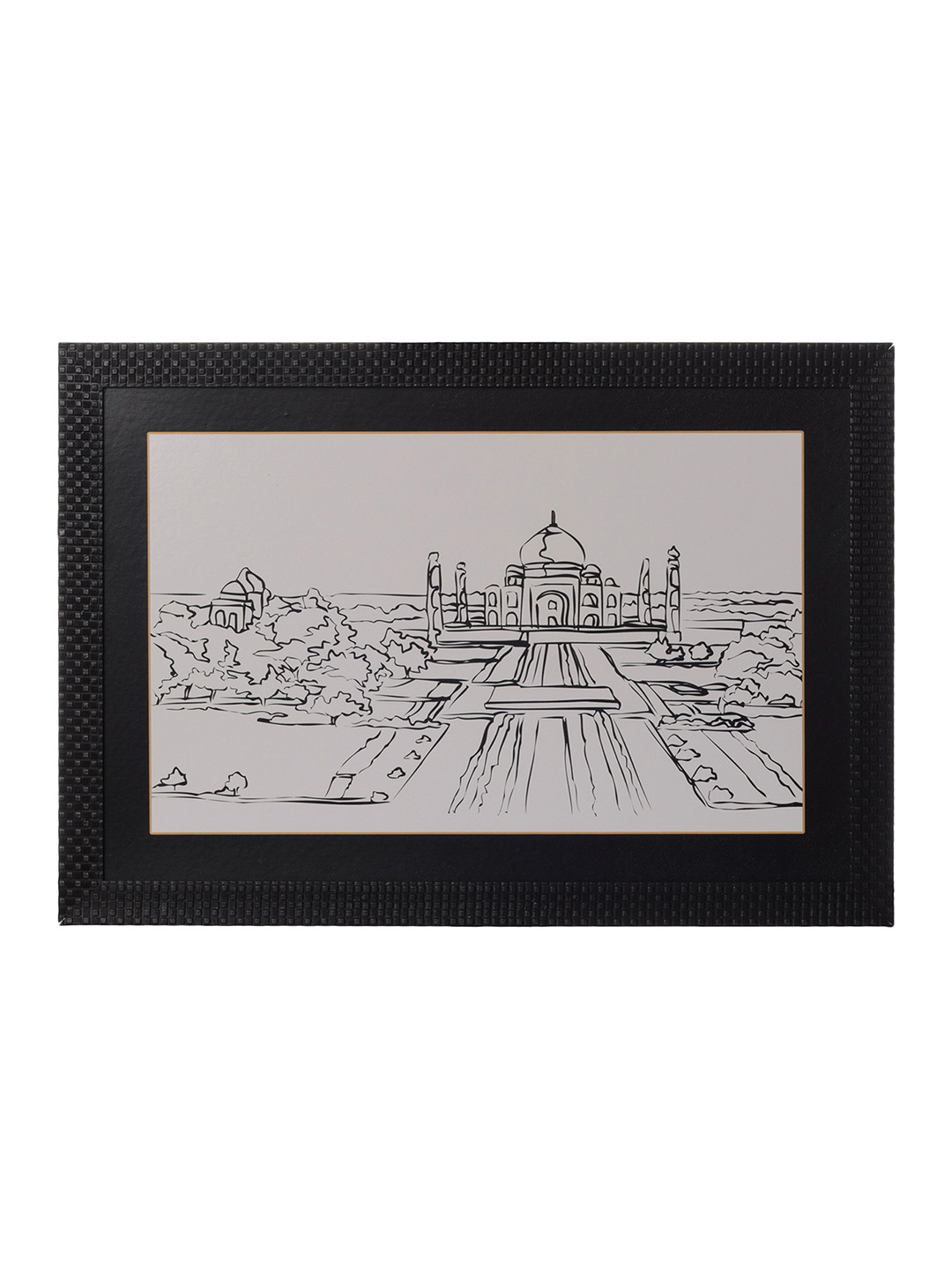eCraftIndia White Sketched Tajmahal Satin Matt Framed Wall Art