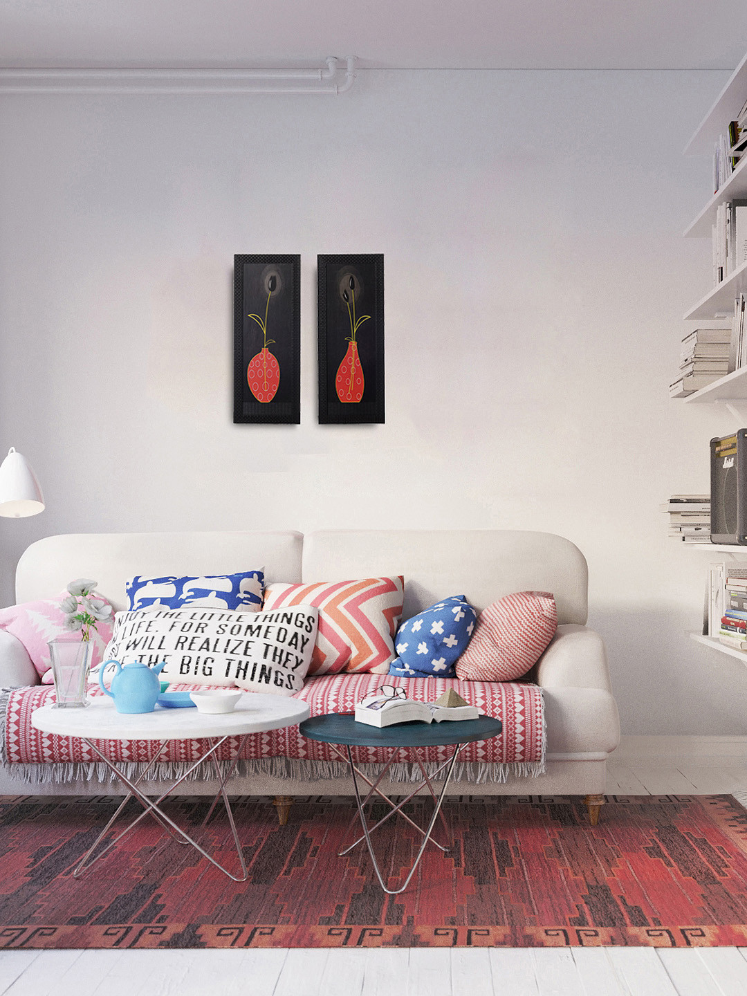 eCraftIndia Floral Pot Paper 2 Pcs Wall Rectangle Paintings Wall Art -20x8In