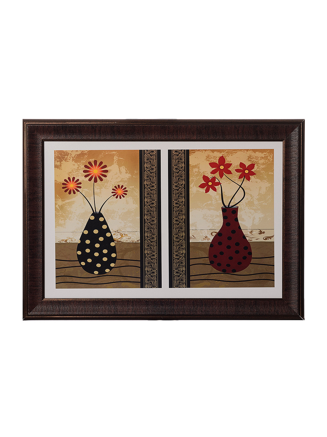 eCraftIndia Brown Floral Pots Satin Matte Texture Framed UV Wall Art