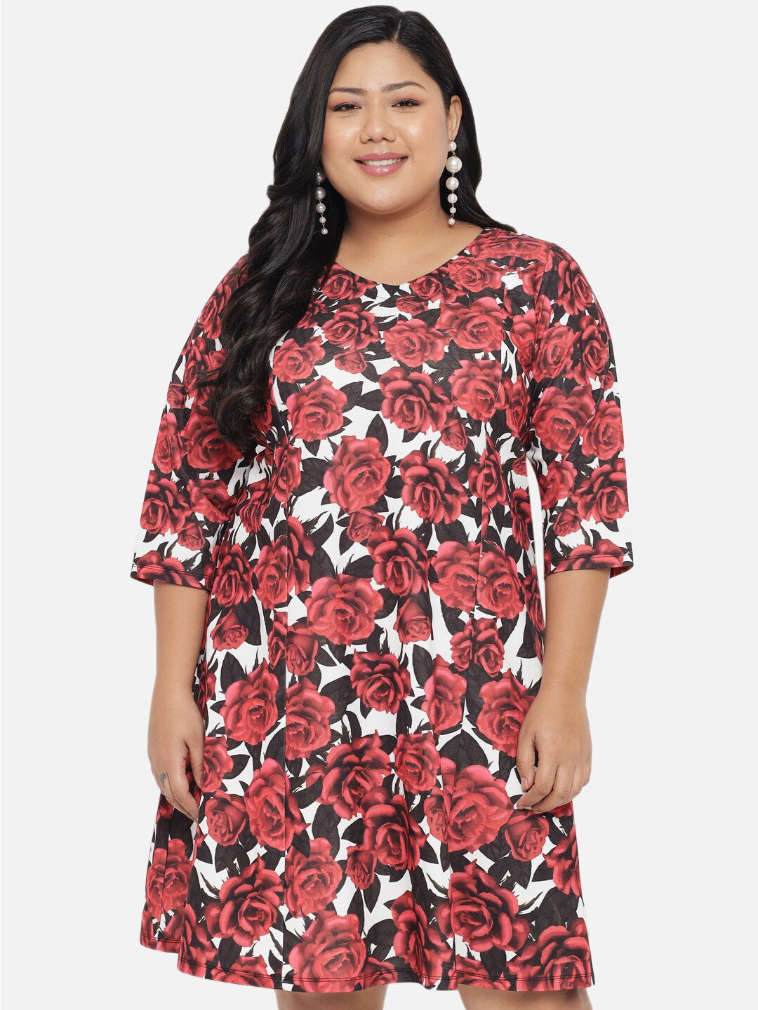 Amydus Women Plus Size Red Floral A-Line Dress