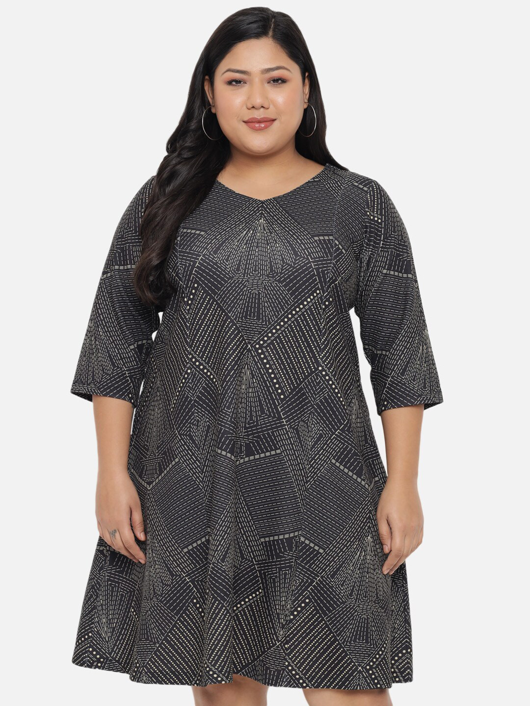 Amydus Women Plus Size Black & Beige A-Line Dress