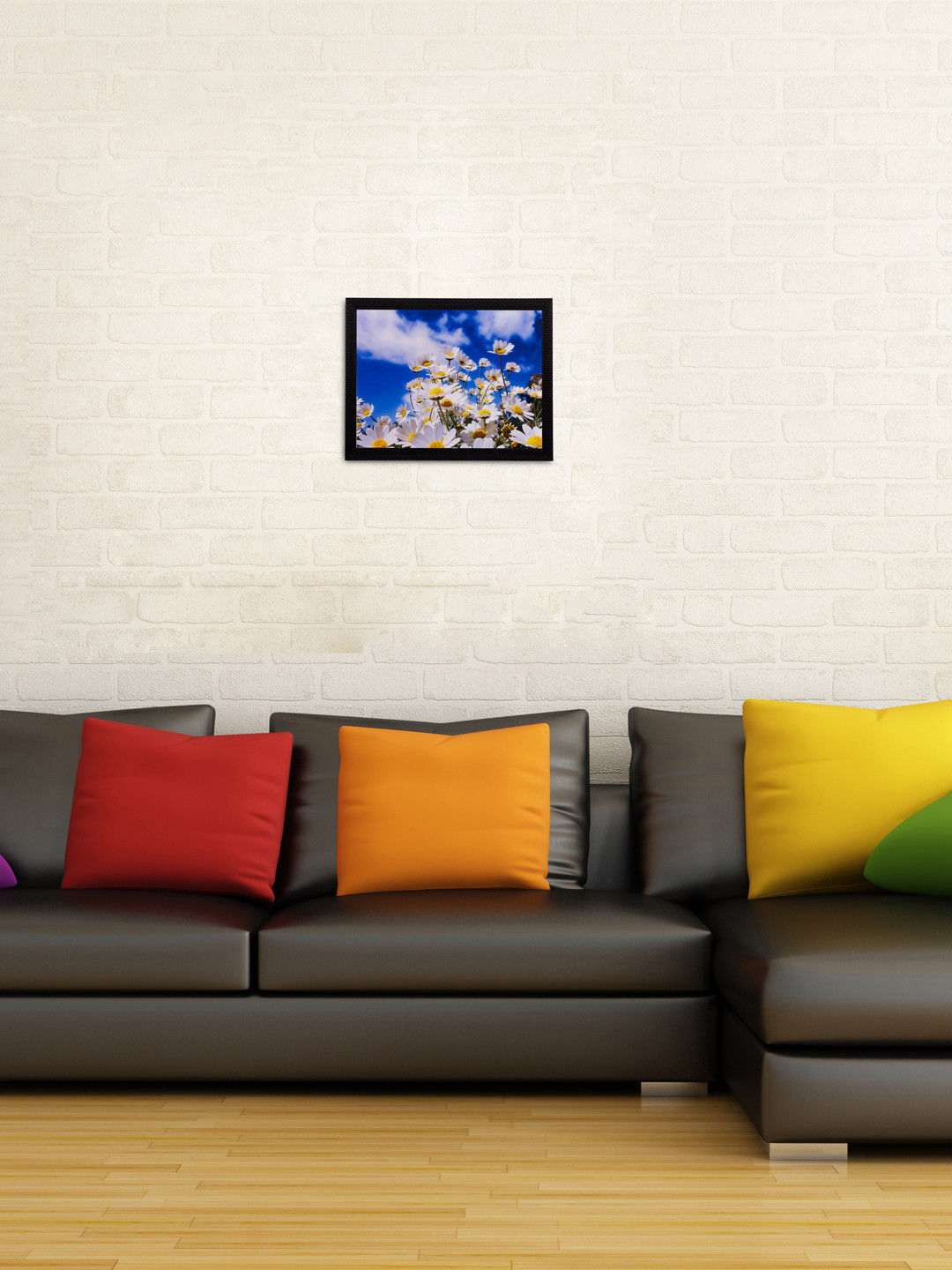 eCraftIndia Multicoloured White Sunflower Bunch Matt Texture Framed Artwork