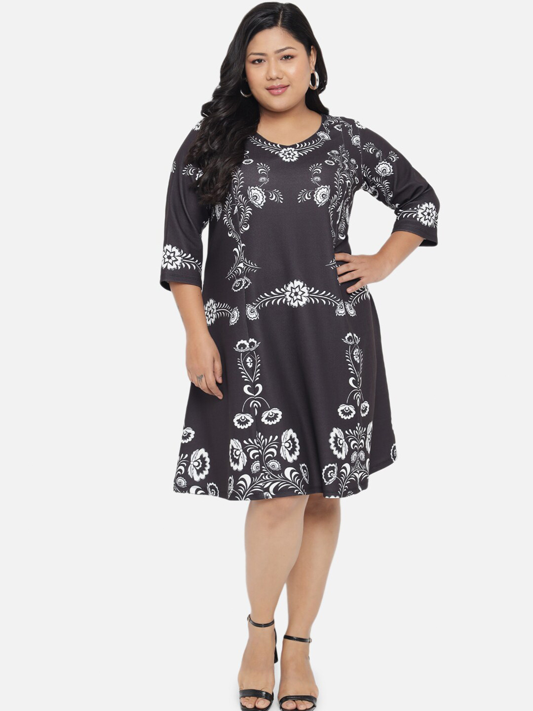 Amydus Women Plus Size Black Floral A-Line Monochrome Baroque Party Dress