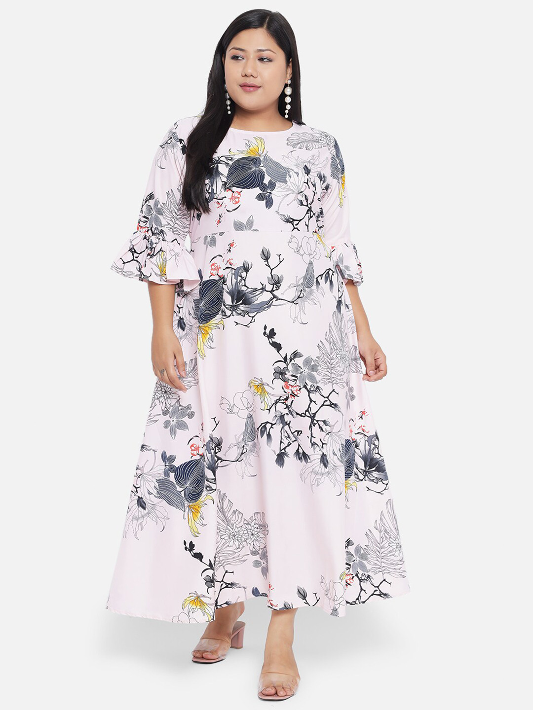 Indietoga Plus Size Pink Floral Printed Crepe Long Maxi Dress
