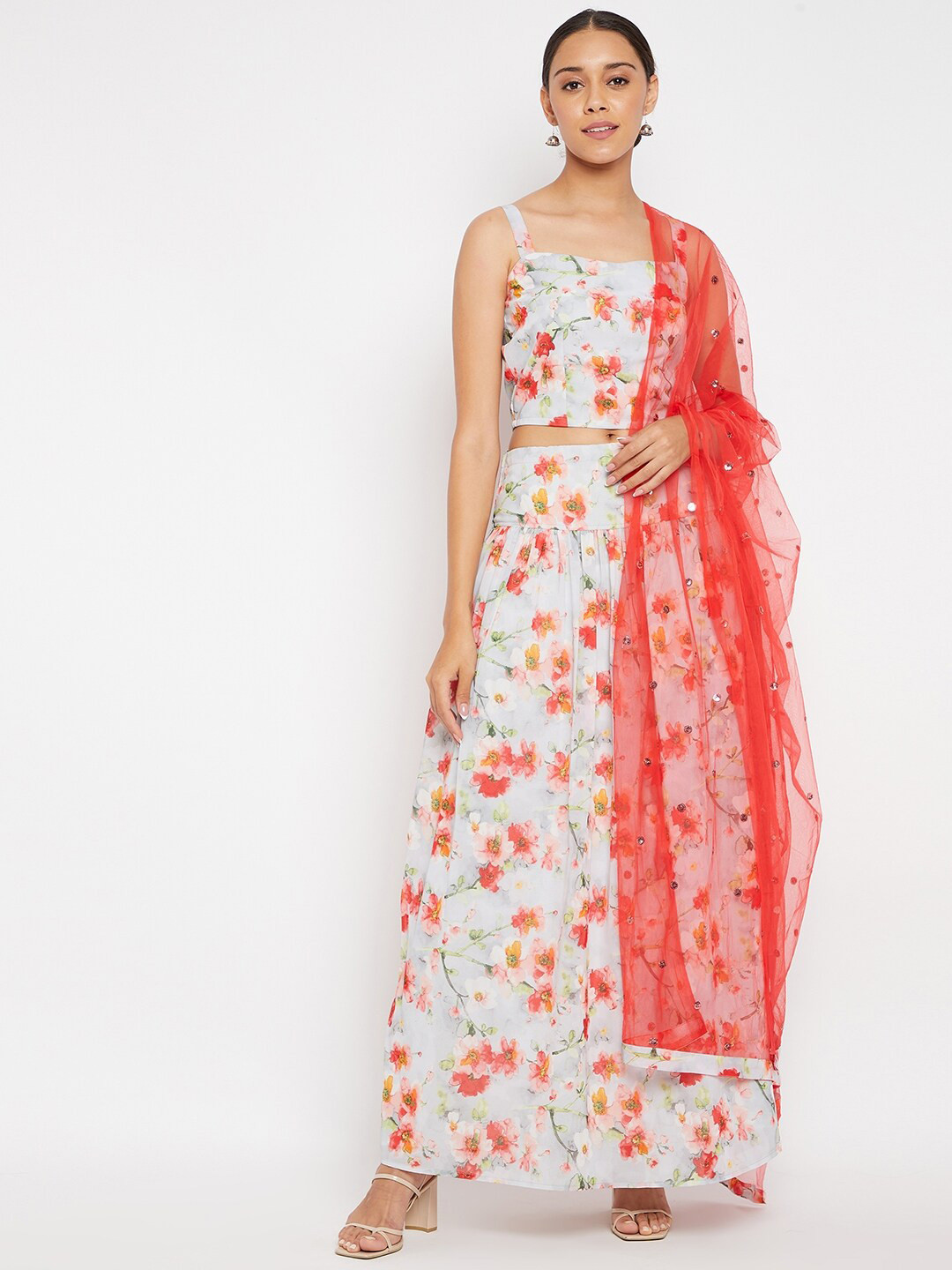 PANIT Off White & Red Printed Ready to Wear Lehenga & Blouse With Dupatta