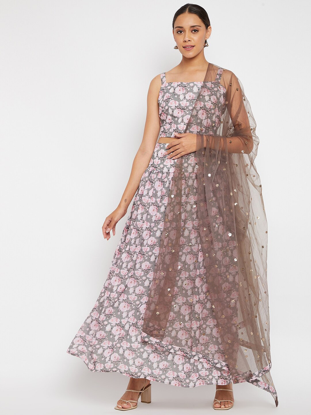 PANIT Grey & Pink Printed Sequinned Ready to Wear Lehenga & Blouse With Net Dupatta