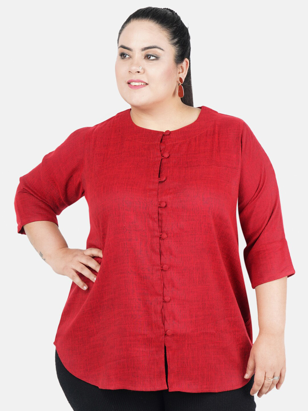 Indietoga Maroon Solid Plus Size Cotton Linen Tunic