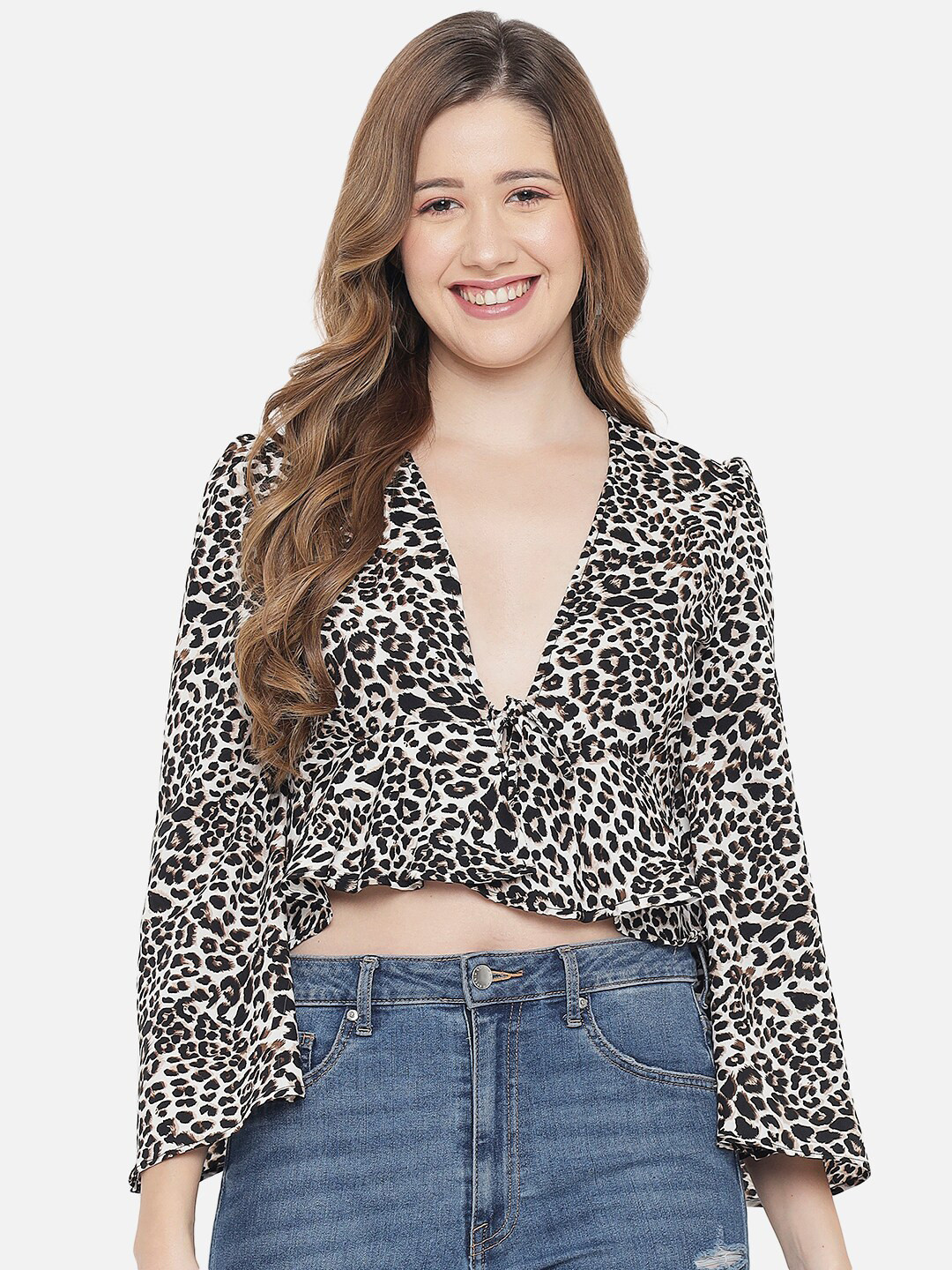 Orchid Blues Women Black Animal Print Wrap Crop Top