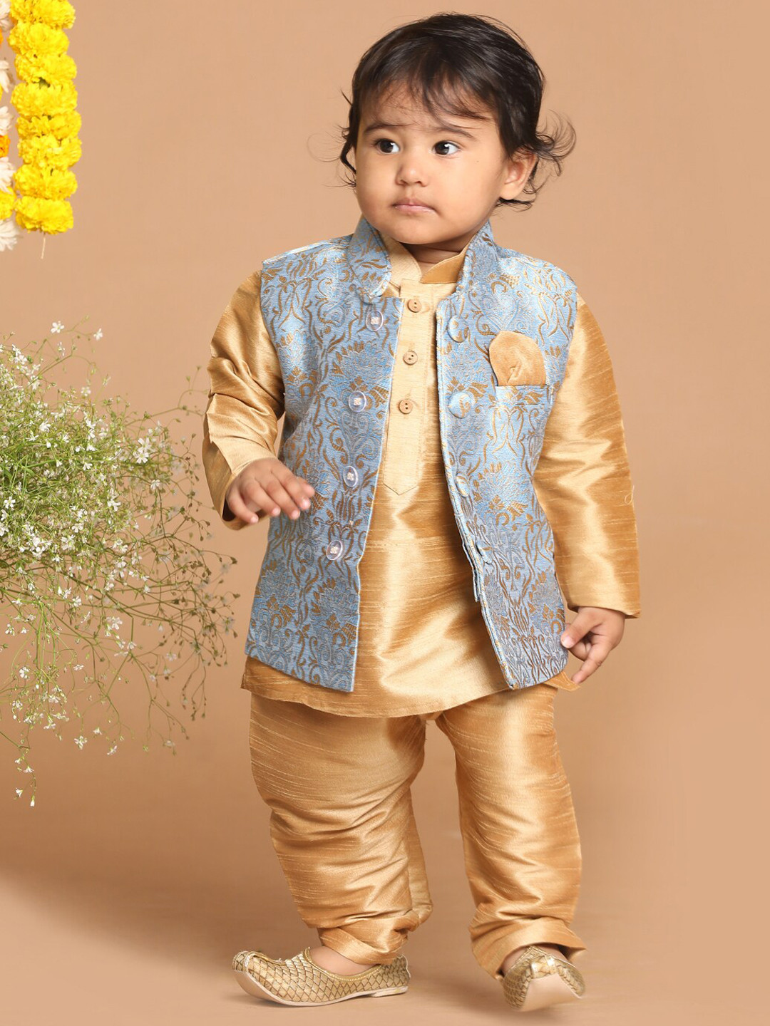 VASTRAMAY Boys Grey & Gold -Coloured Woven Design Nehru Jacket
