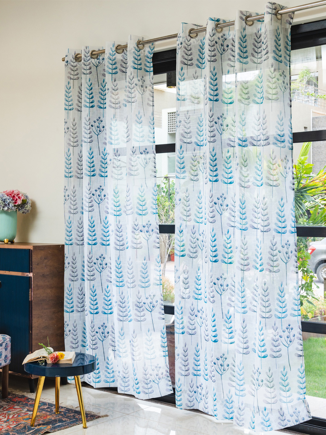 URBAN SPACE Blue & White Set of 2 Floral Sheer Window Curtain