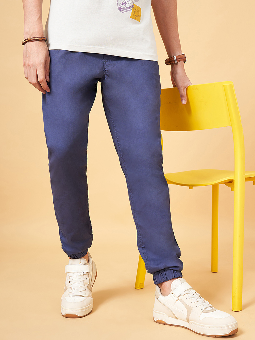 Urban Ranger by pantaloons Men Blue Slim Fit Pure Cotton Joggers Trousers