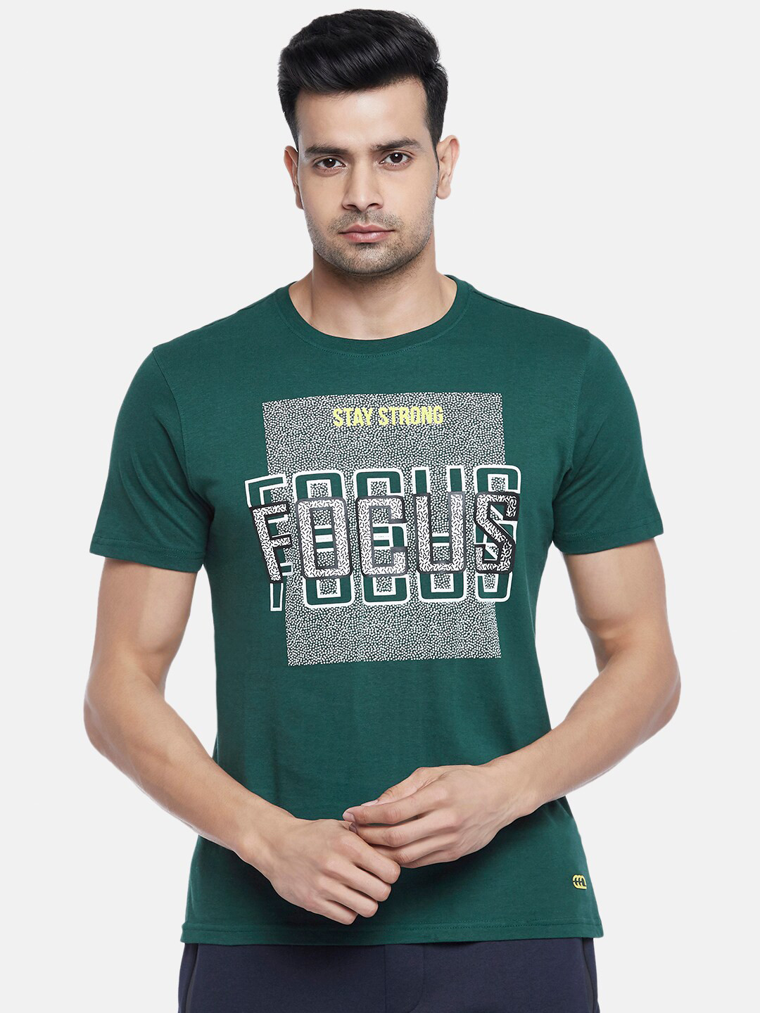 Ajile by Pantaloons Men Green Typography Printed Pure Cotton Applique Slim Fit T-shirt