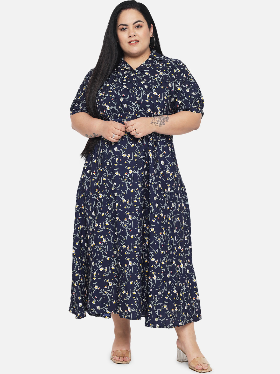 Indietoga Women Blue Plus Size Floral Crepe Maxi Dress