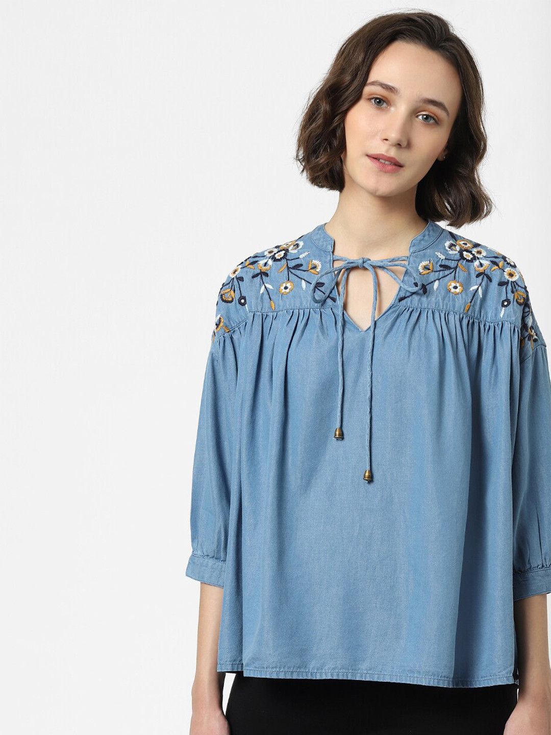 ONLY Blue Embroidered Tie-Up Neck Top