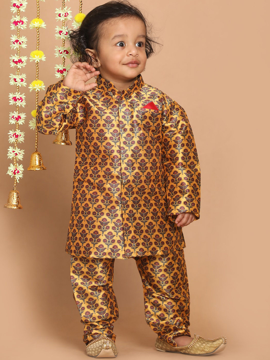 VASTRAMAY Infant Boys Yellow & Maroon Ethnic Motifs Printed Kurta with Pyjamas