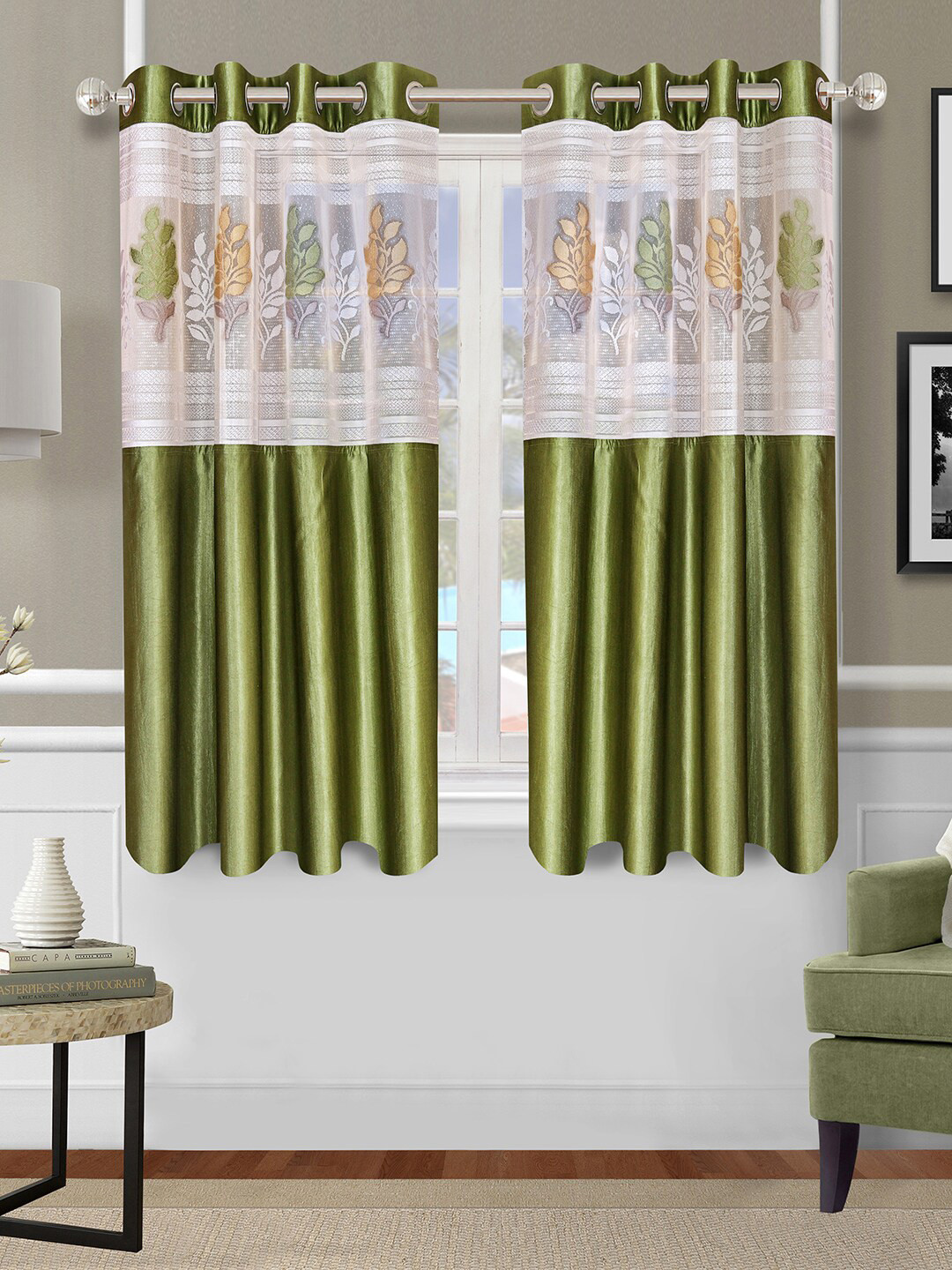 ROMEE Set Of 2 Green Floral Printed Polyester Window Curtains