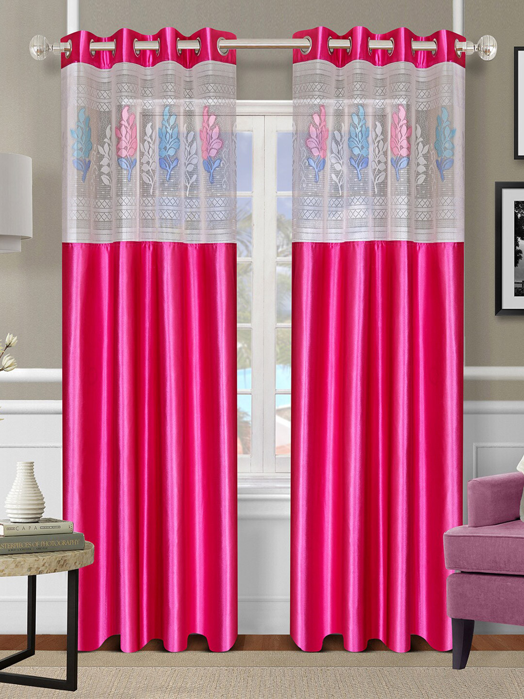 ROMEE Pink & White Set of 2 Floral Sheer Long Door Curtain