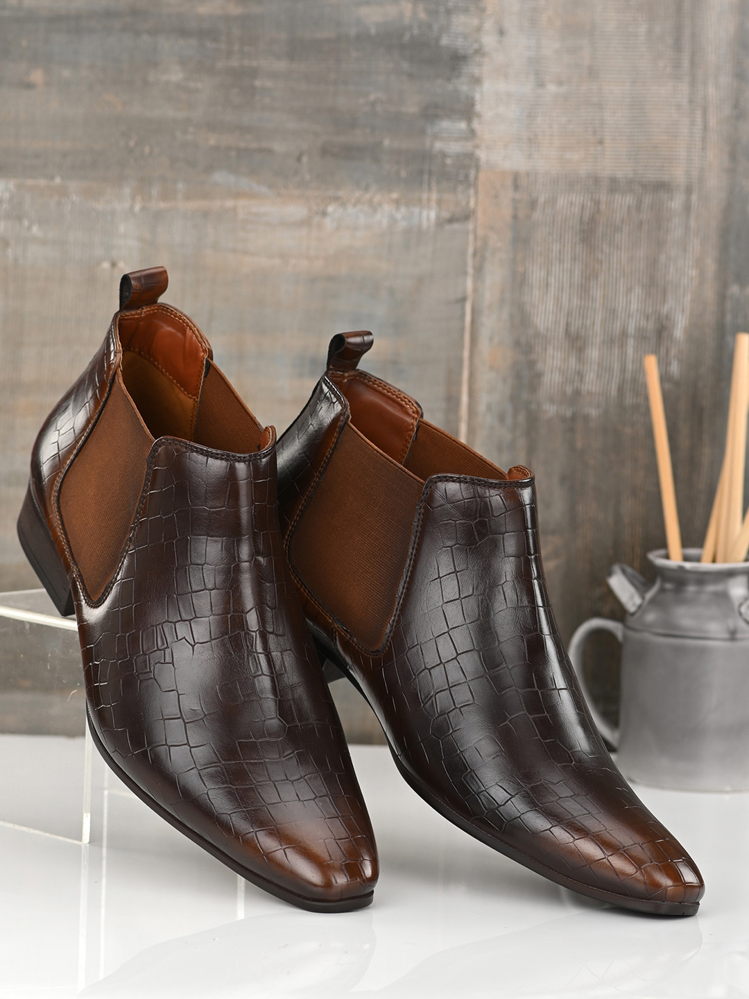 San Frissco Men Tan Flat Chelsea Faux Leather Casual Boots