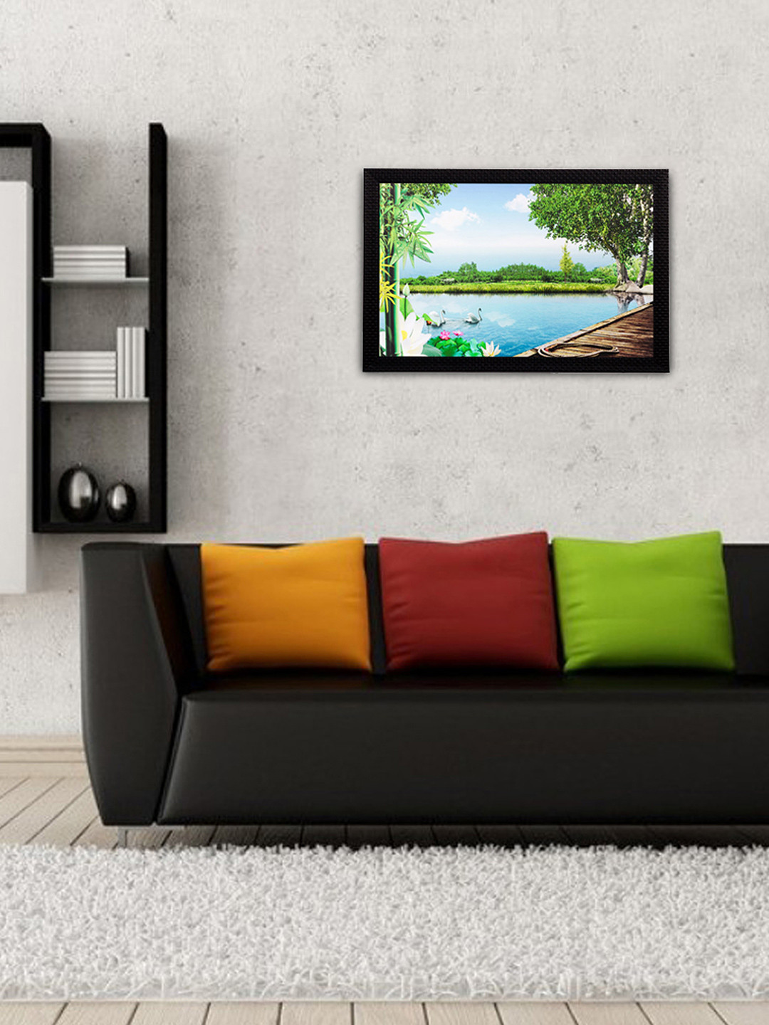 eCraftIndia Blue Water & Trees Satin Matte Texture Framed UV Wall Art