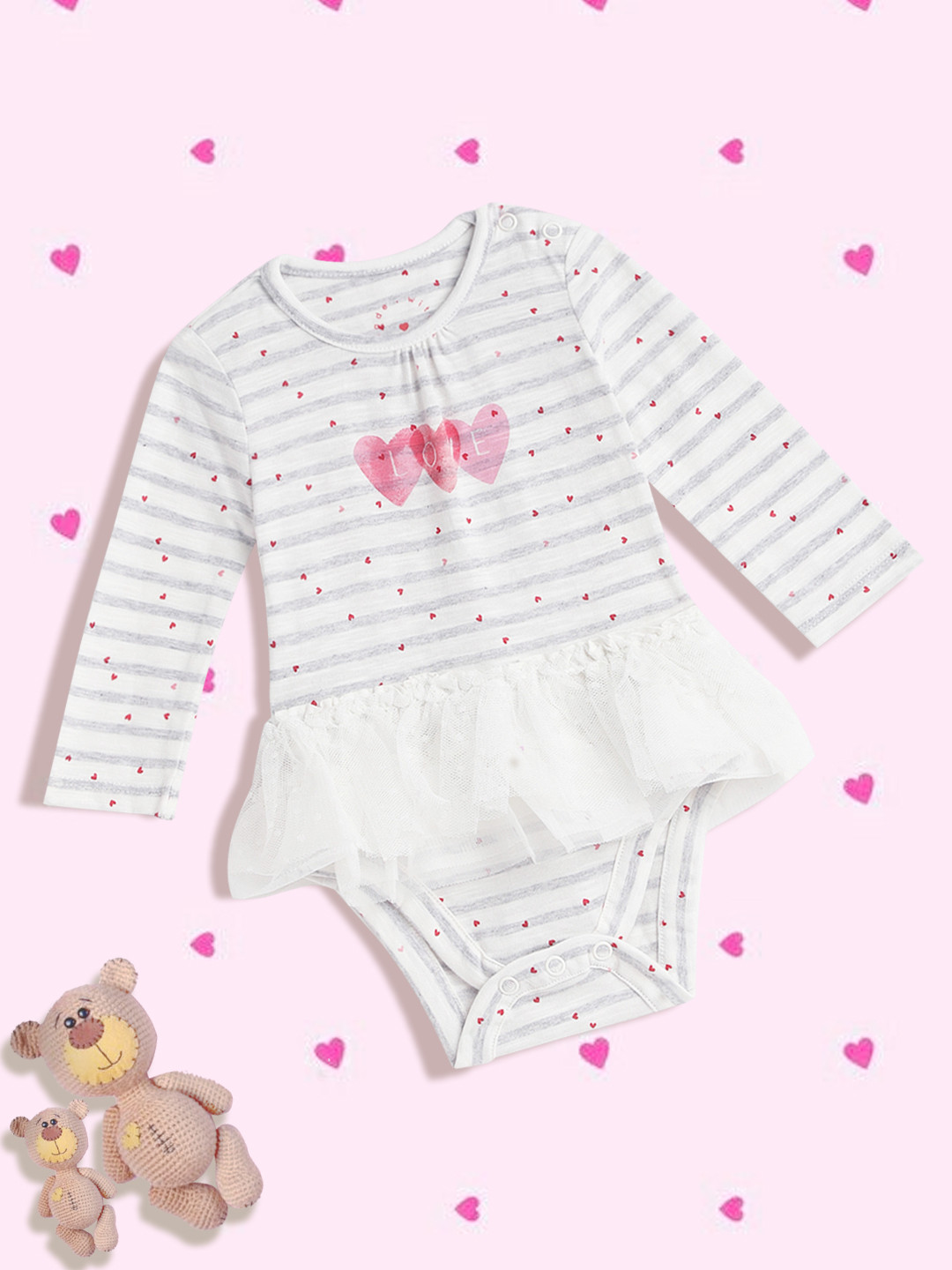 mothercare Infant Girls Off-White & Grey Striped Frock Style Bodysuit