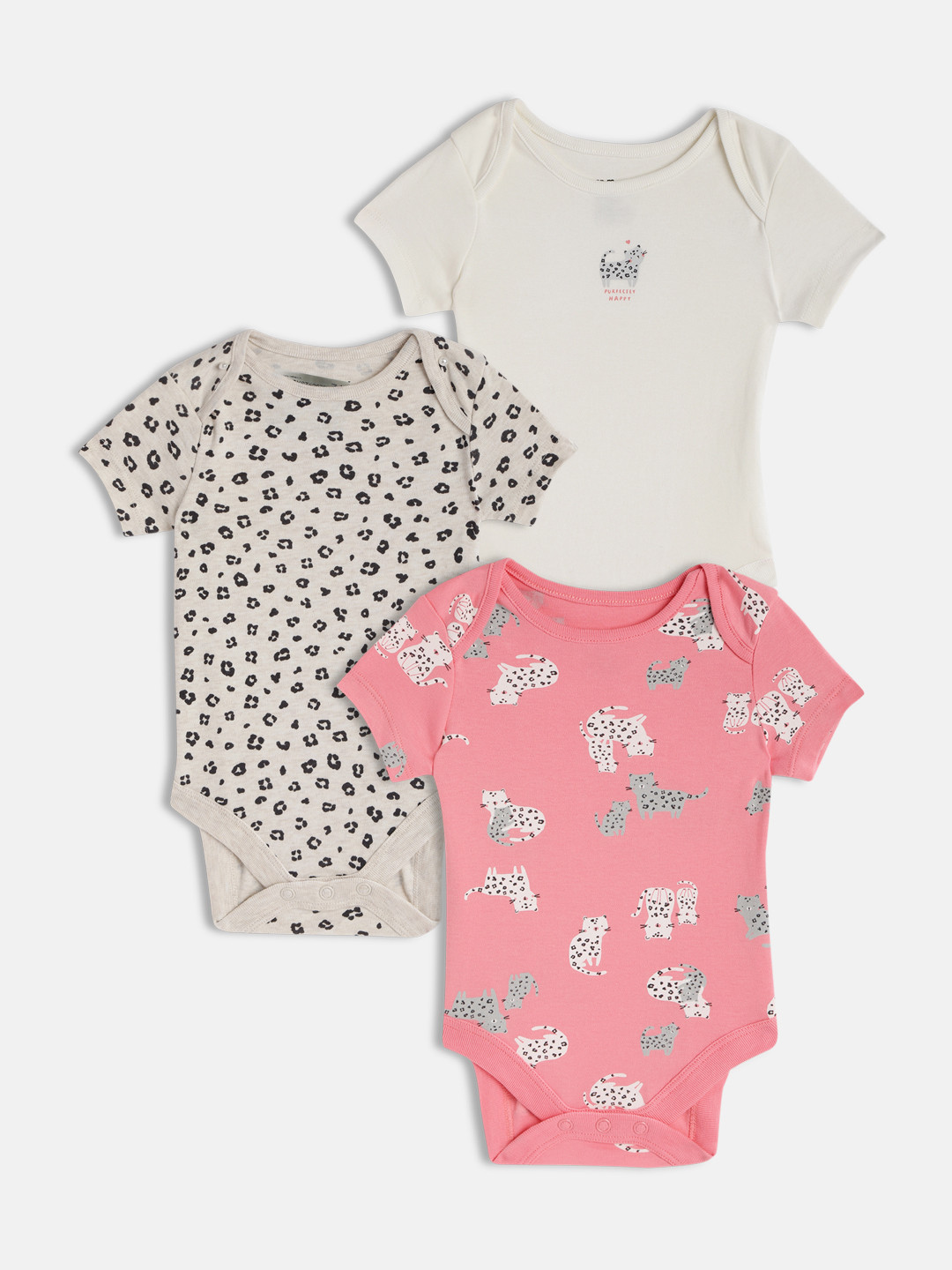 mothercare Infant Girls Pack of 3 Pink & Beige Pure Cotton Leopard Print Bodysuits