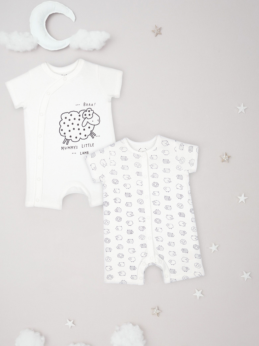 mothercare Infant Unisex White Pack Of 2 Animal Print Round Neck Pure Cotton Rompers