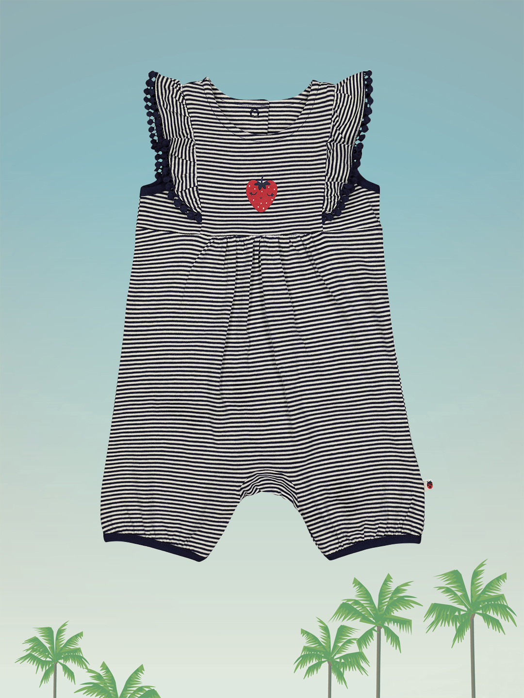 mothercare Infant Girls Navy Blue & White Striped & Printed Ruffles Pure Cotton Rompers