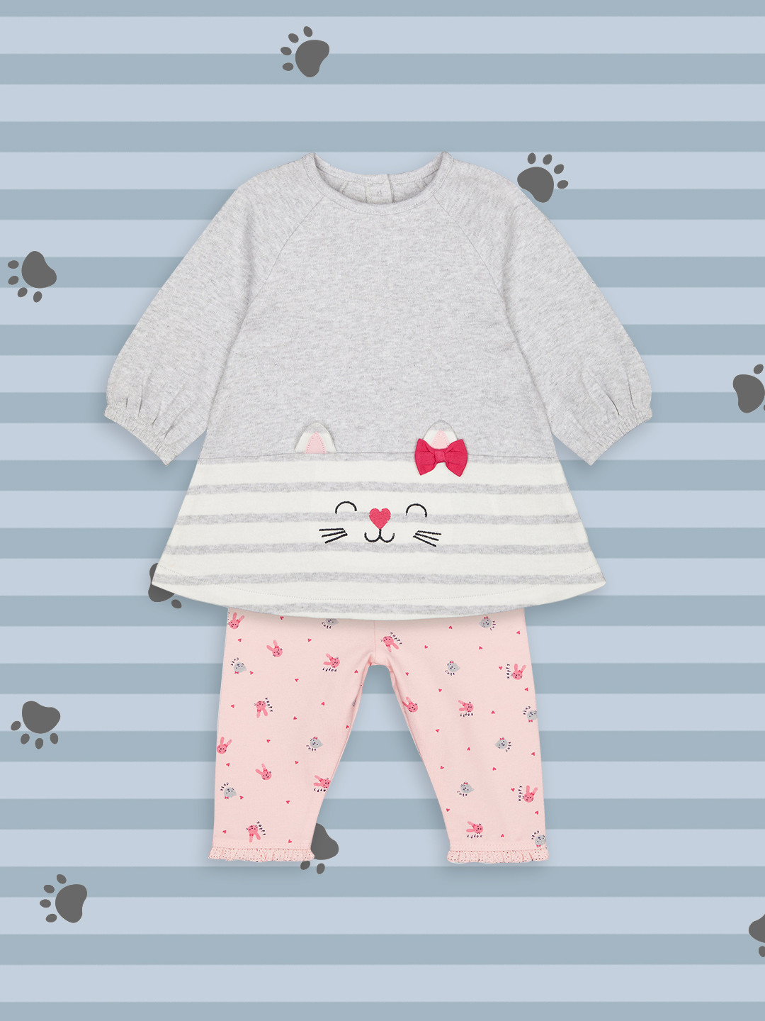 mothercare Girls Grey & Pink Striped & Applique A-Line Dress With Leggings