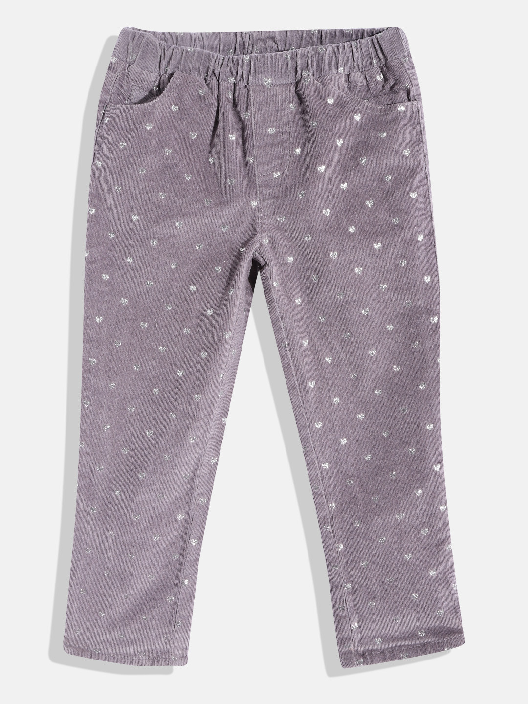 mothercare Girls Grey & Silver-Toned Heart Print Corduroy Leggings