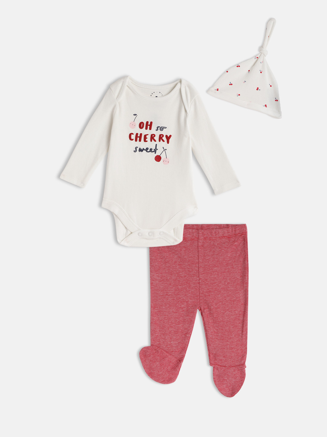 mothercare Infant Girls White Pure Cotton Printed Bodysuit with Pink Legging & Cap