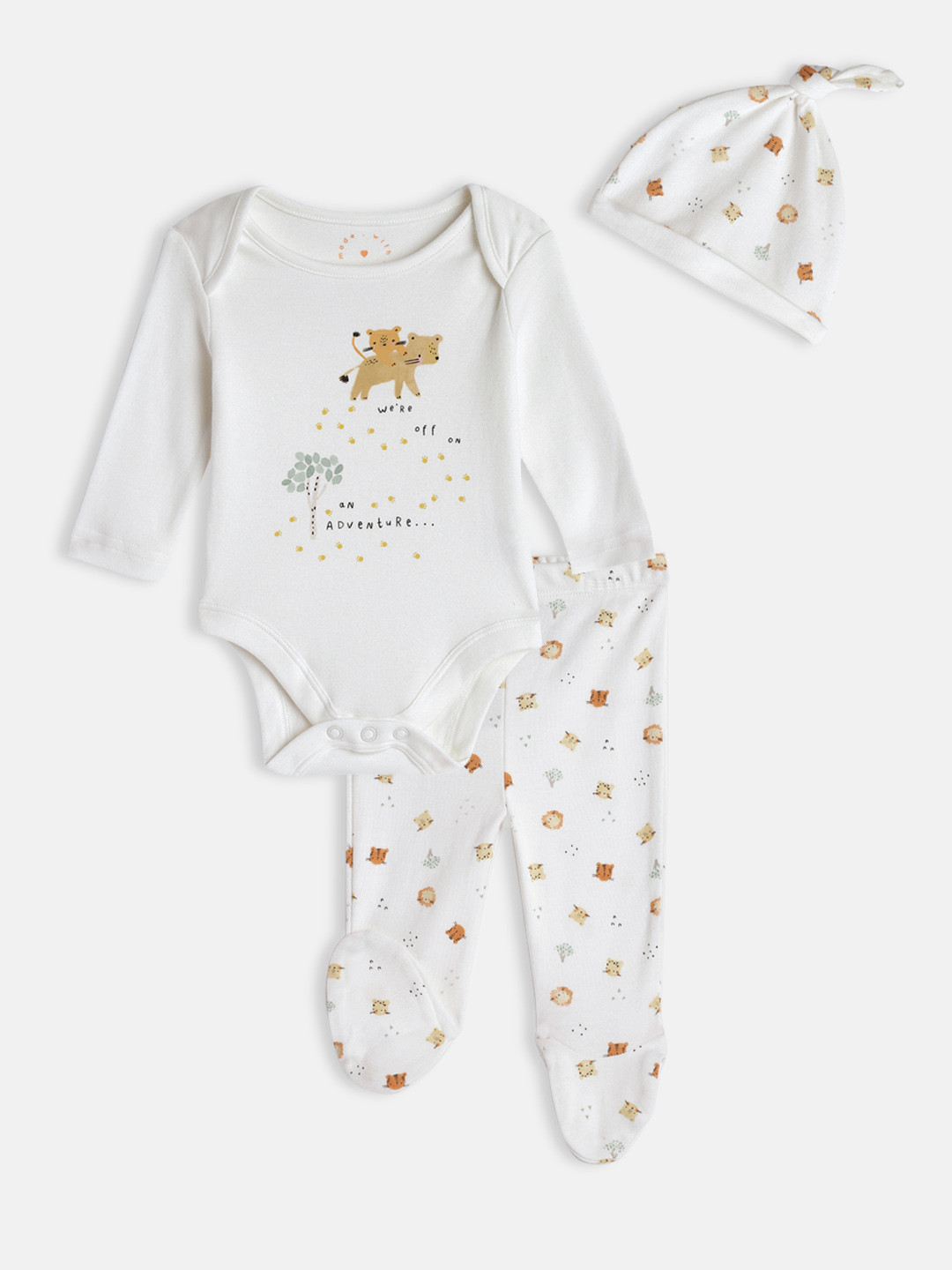 mothercare Infant Kids White Printed Bodysuit With Pyjamas & Beanie