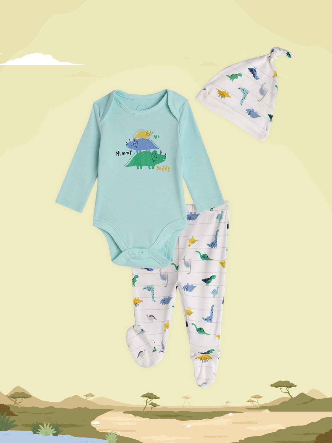 mothercare Infant Boys Blue Printed Bodysuit With Pyjamas & Beanie