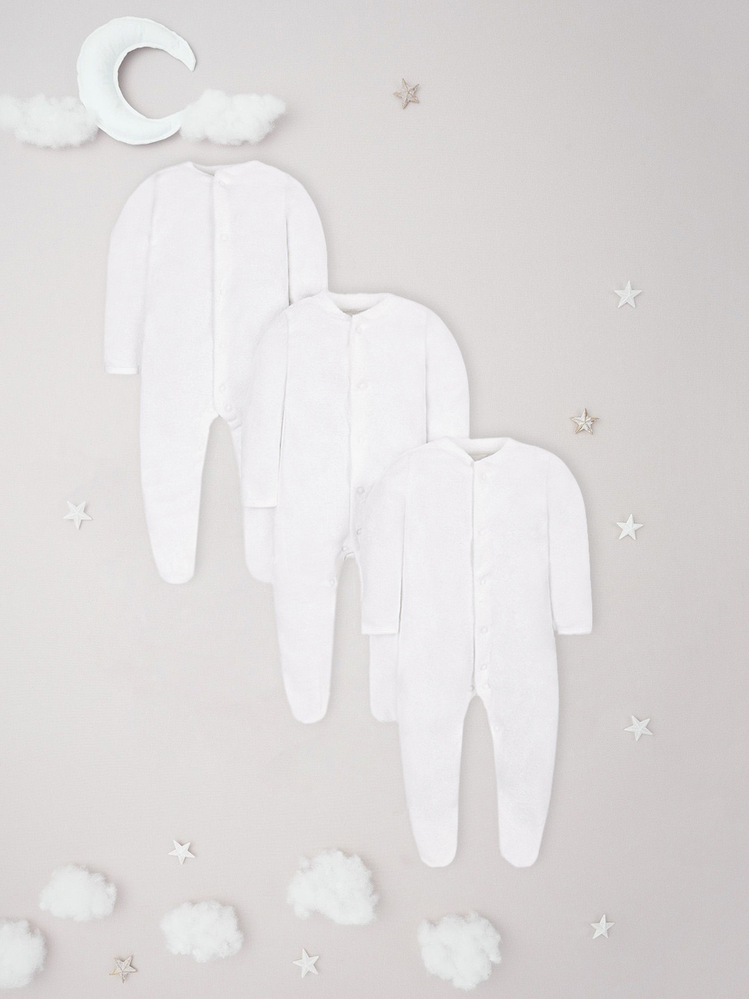 mothercare Infants Unisex Pack Of 3 White Solid V-Neck Regular Sleeves Sleepsuits
