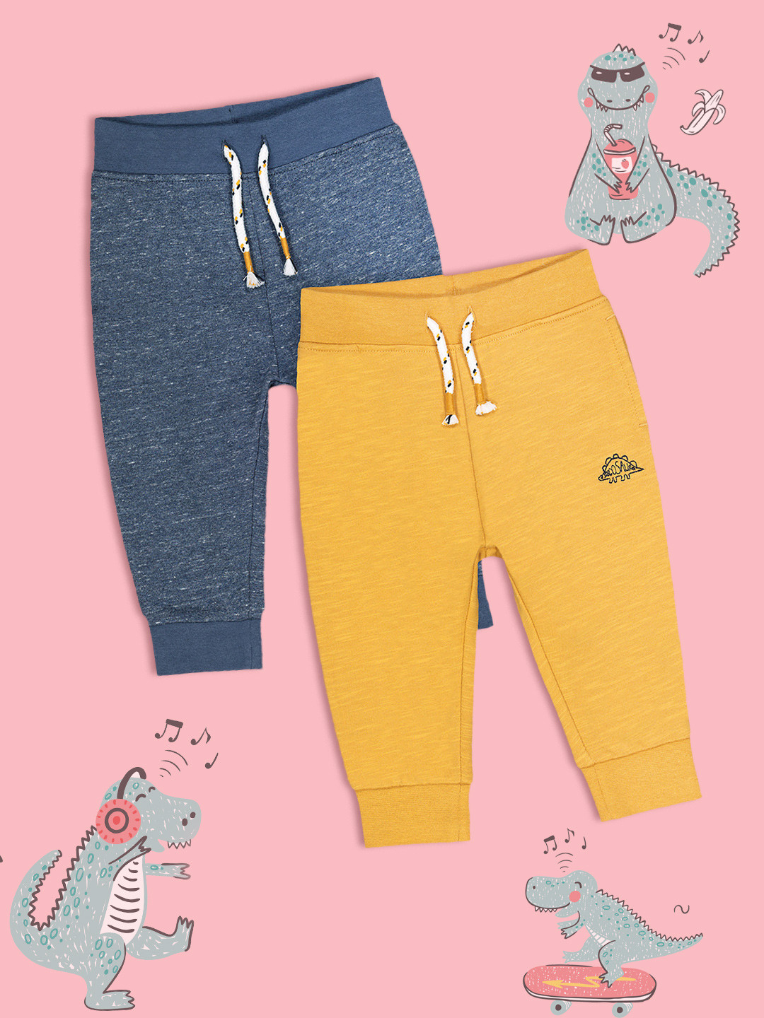mothercare Infant Boys Blue Melange & Mustard Yellow Melange Pack Of 2 Solid Joggers
