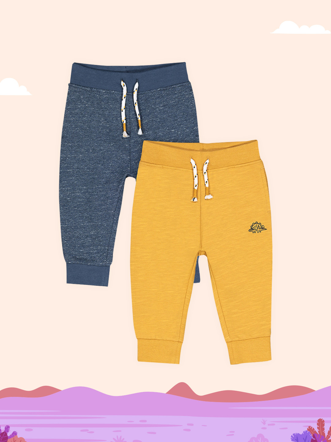 mothercare Infant Boys Pack of 2 Pure Cotton Joggers in Navy Blue & Mustard Yellow