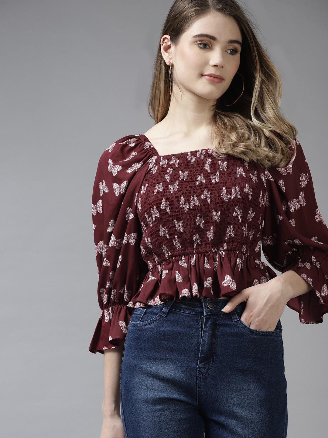 Bhama Couture Maroon & White Floral Print Smocked A-Line Top