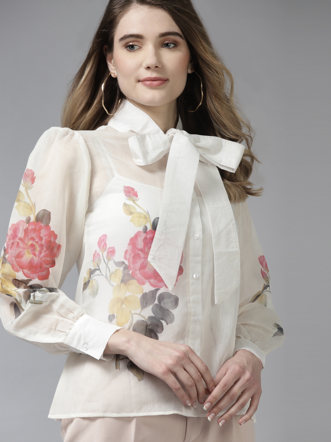 Bhama Couture Off White & Pink Floral Print Tie Up Neck Shirt Style Top - Tops for Women 16913840 | Myntra