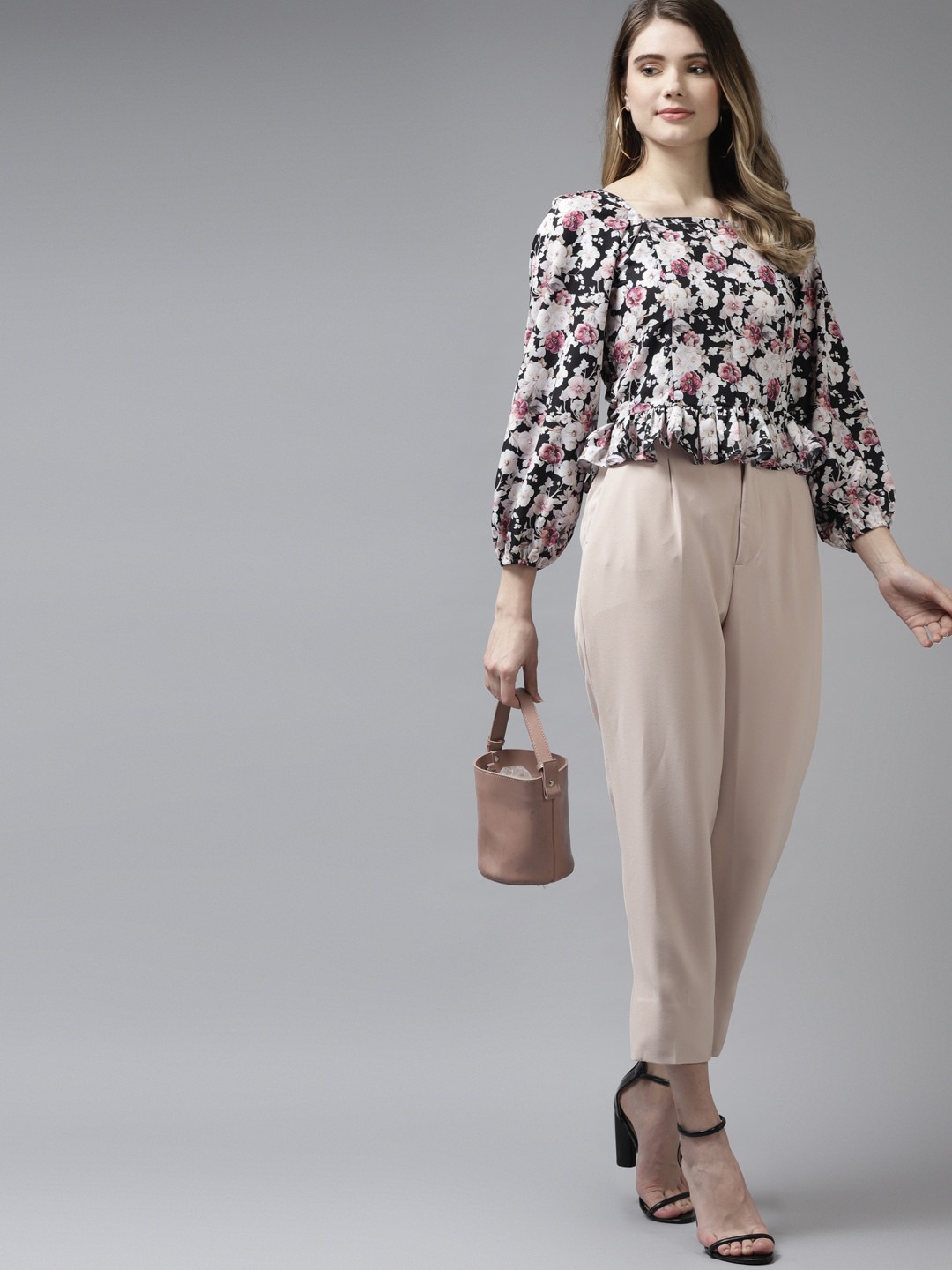Bhama Couture Black & White Floral Print Smocked A-Line Top