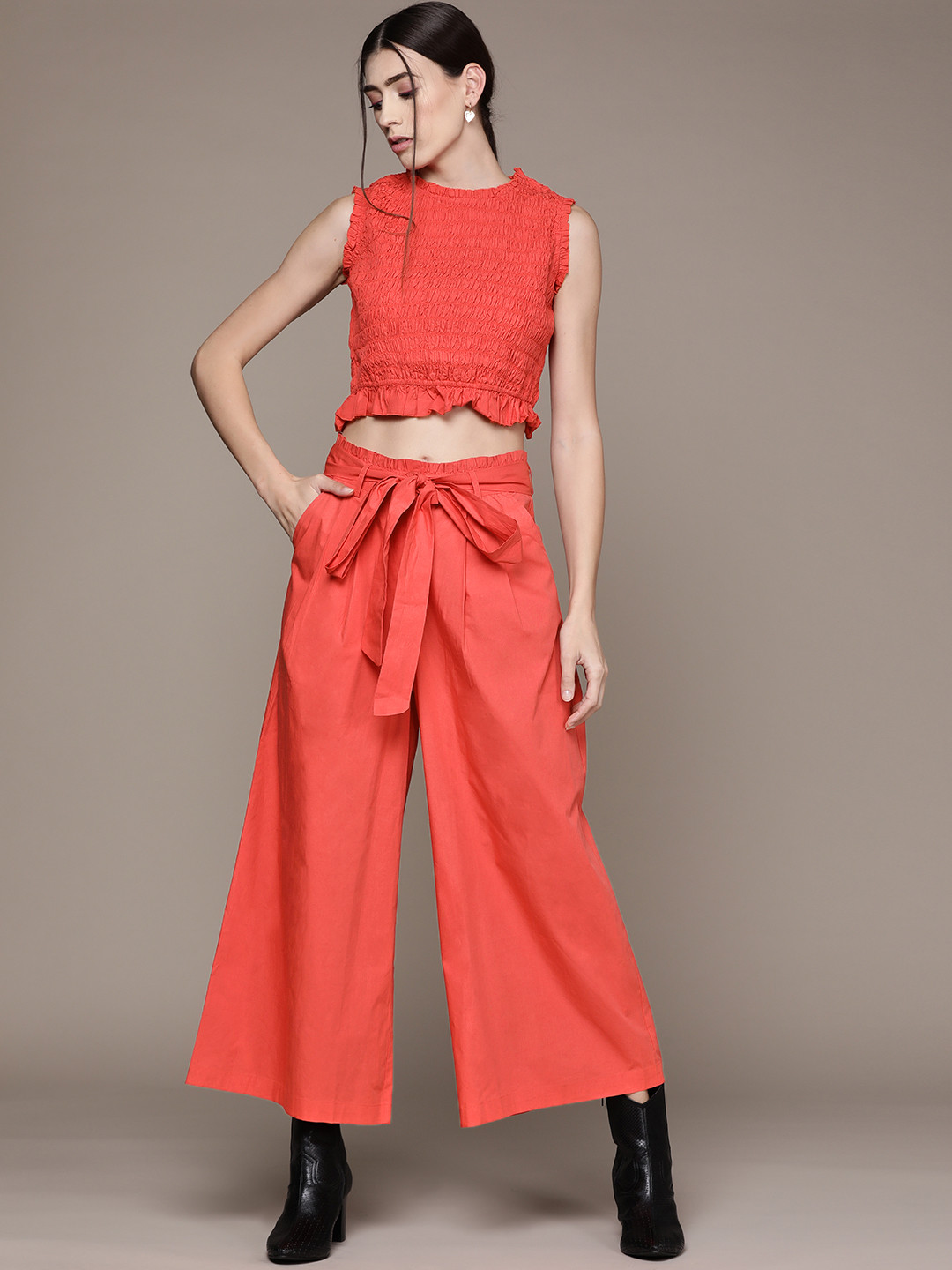 Label Ritu Kumar Women Coral Red Solid Smocked Ruffle Co-Ords Set
