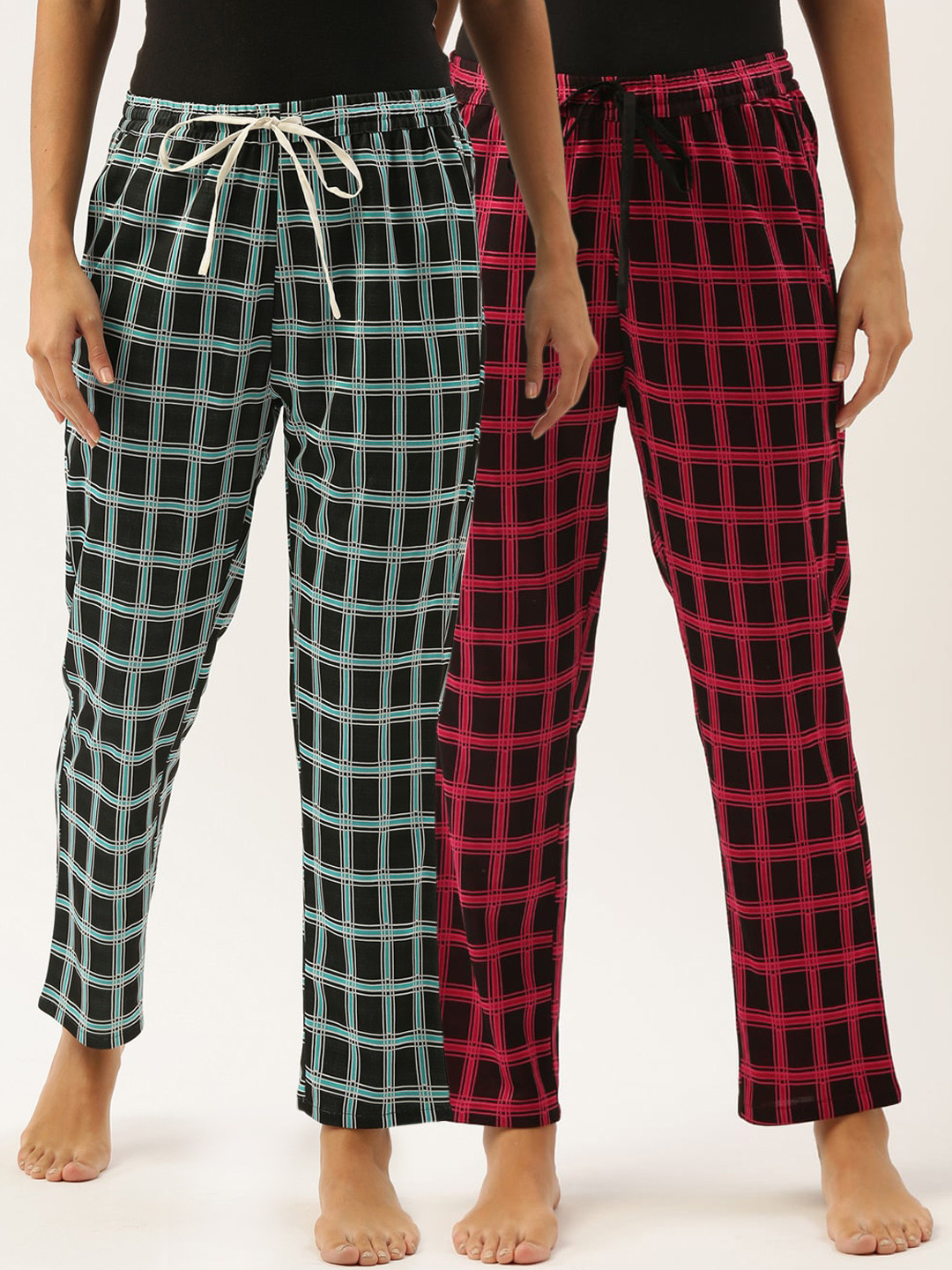 Bannos Swagger Women Pack Of 2 Pink & Green Checked Lounge Pants