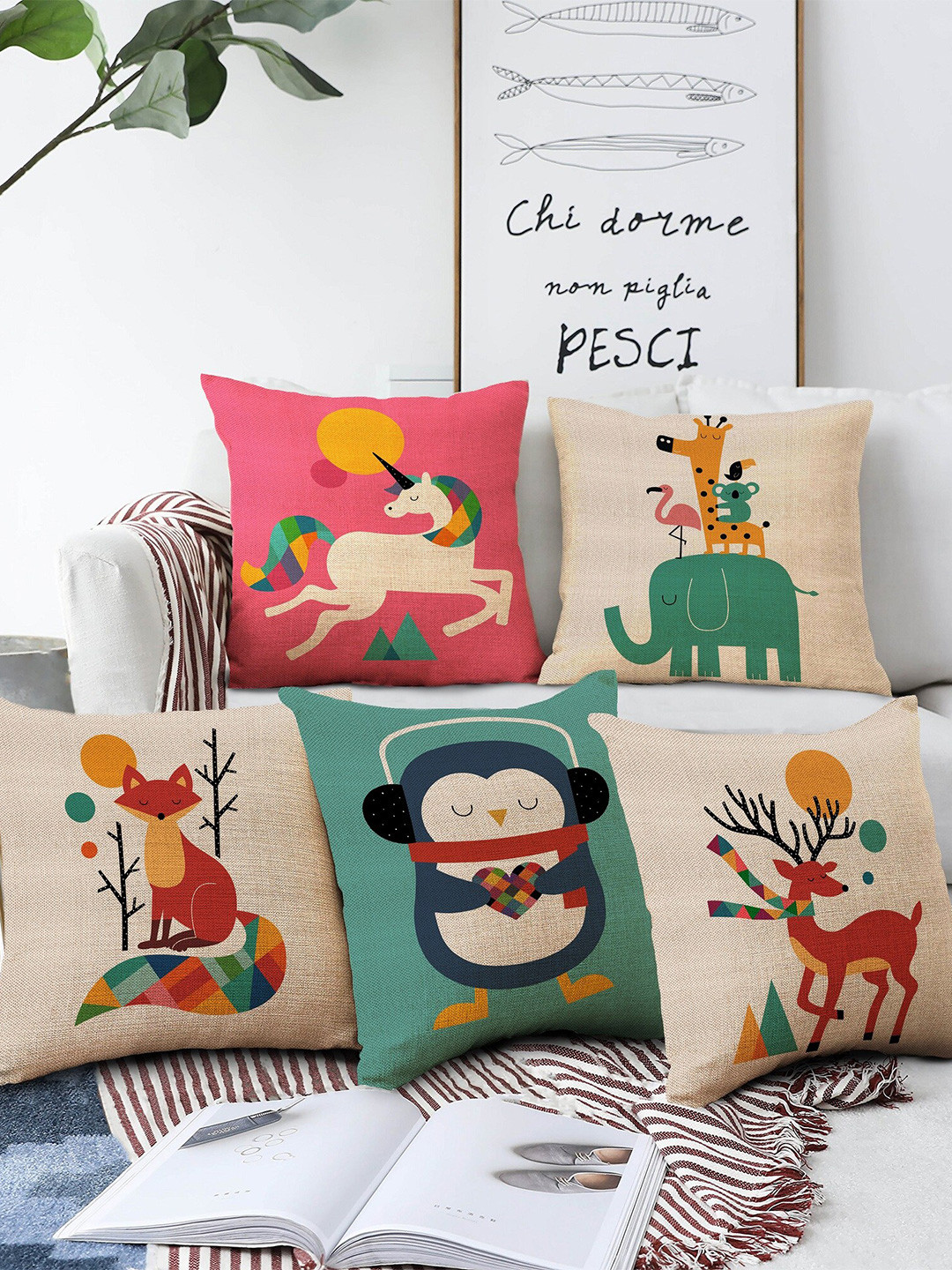 AEROHAVEN Green & Beige Set of 5 Quirky Square Jute Cushion Covers