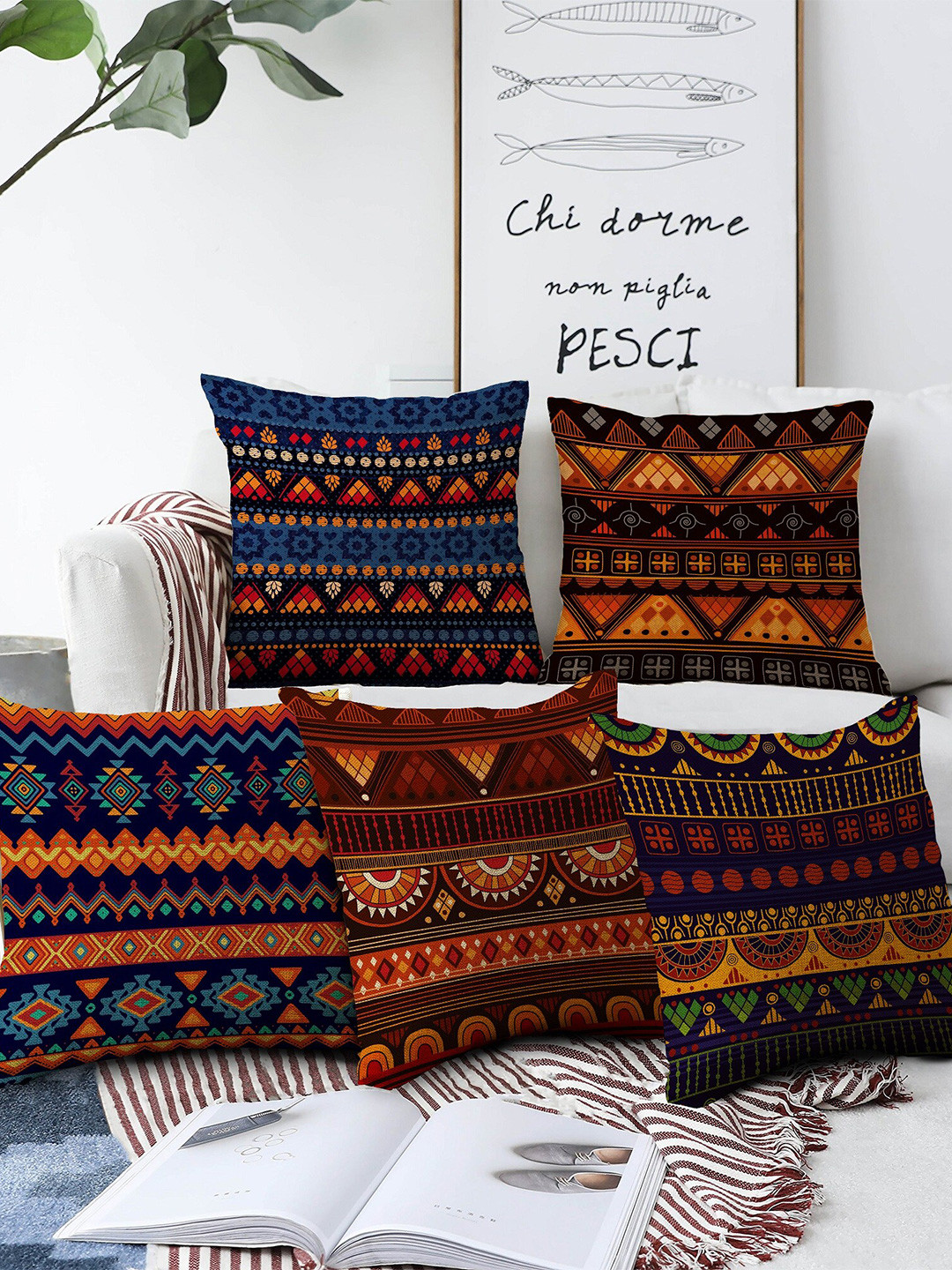 AEROHAVEN Blue, Yellow & Brown Set of 5 Ethnic Motifs Square Cushion Covers
