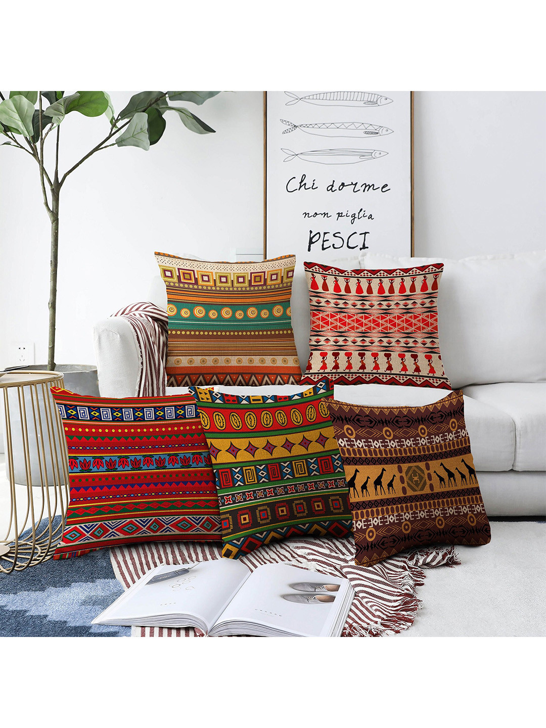 AEROHAVEN Multicoloured Set of 5 Ethnic Motifs Square Cushion Covers