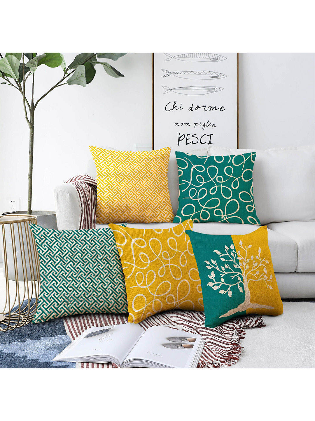 AEROHAVEN Green Floral Polyester Silk HD Digital 5 Piece Square Cushion Covers -16x16In