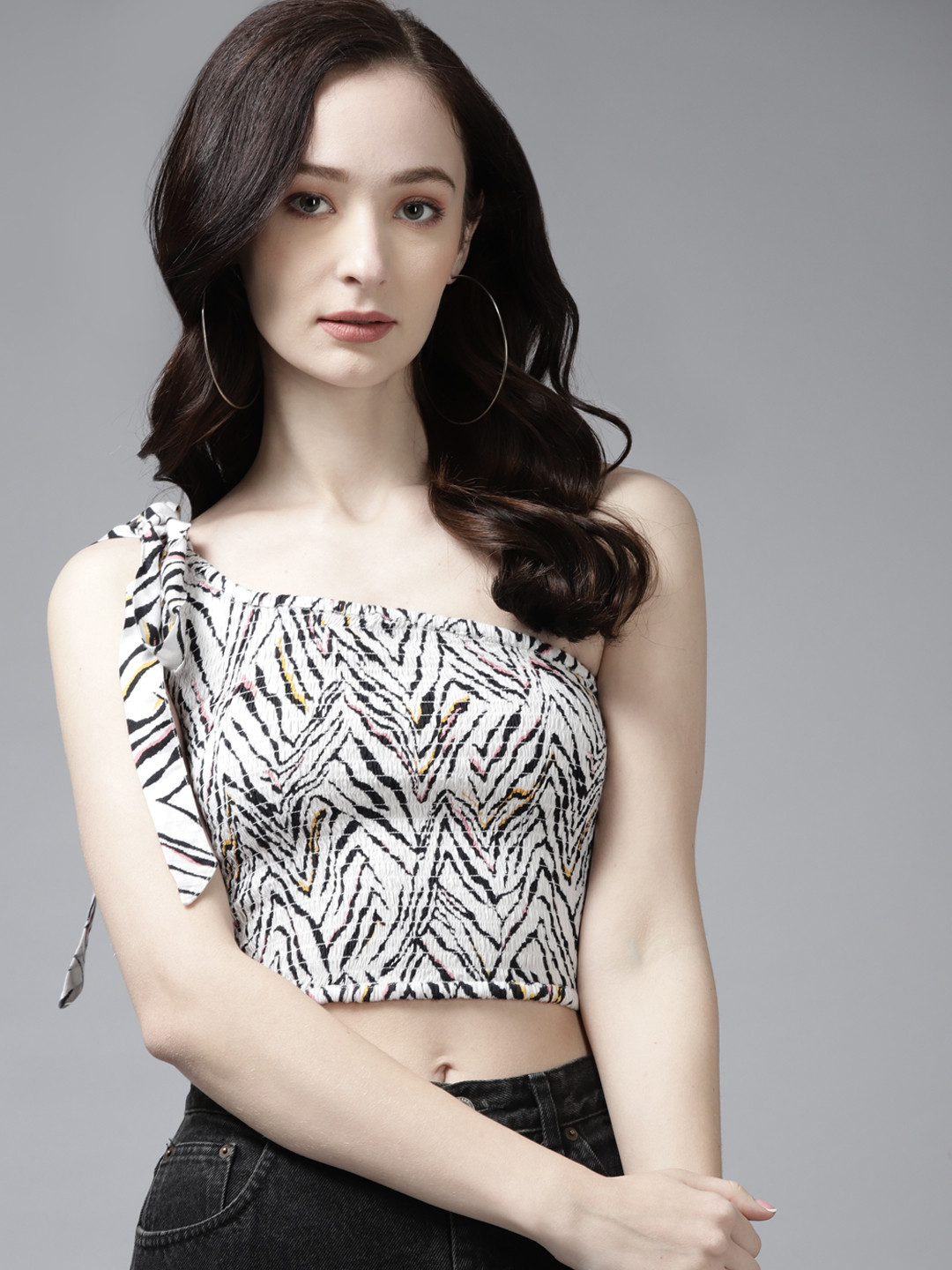 The Dry State White & Black Zebra Print One Shoulder Crop Top