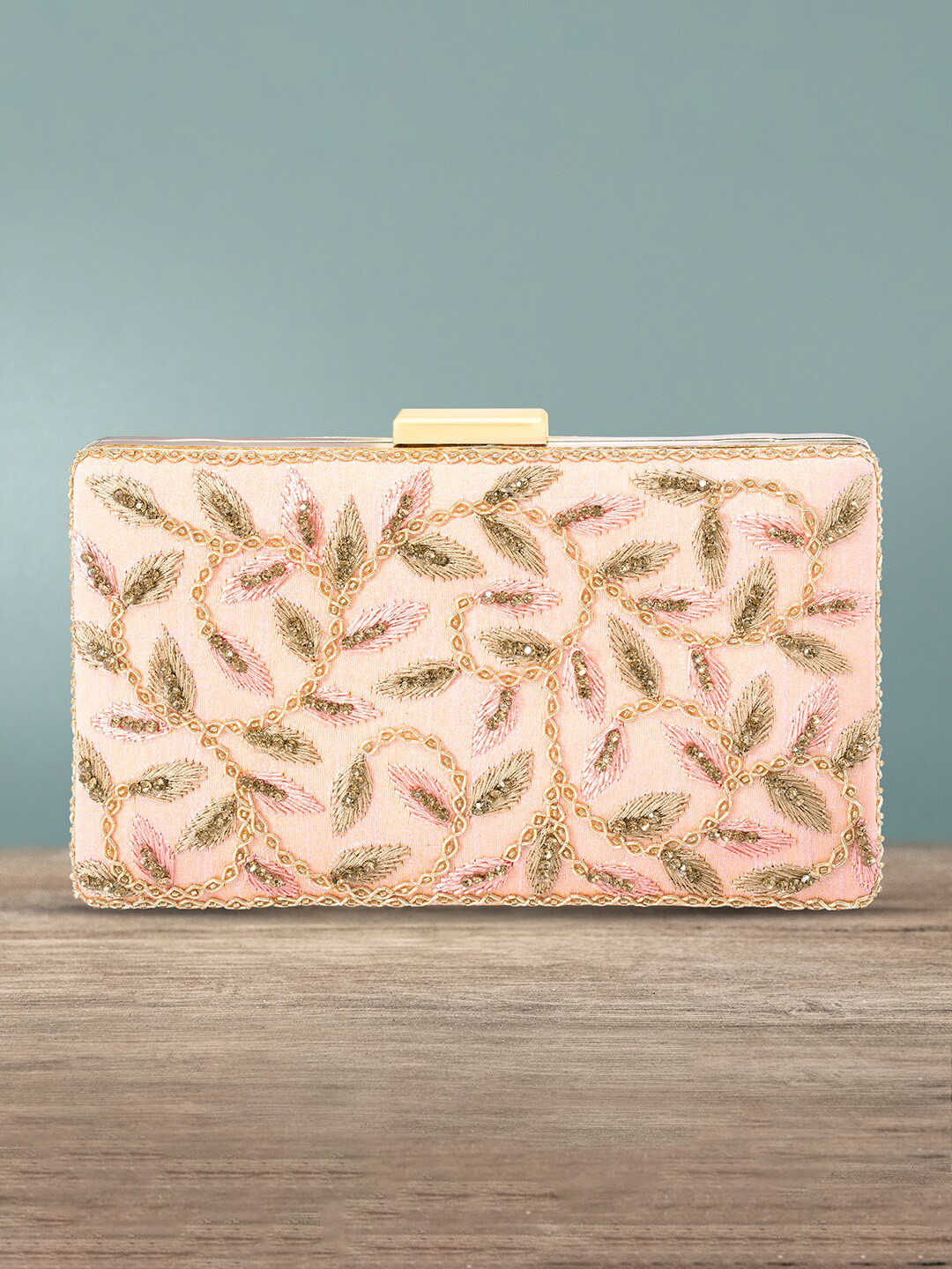 Peora Peach-Coloured & Gold-Toned Embroidered Purse Clutch