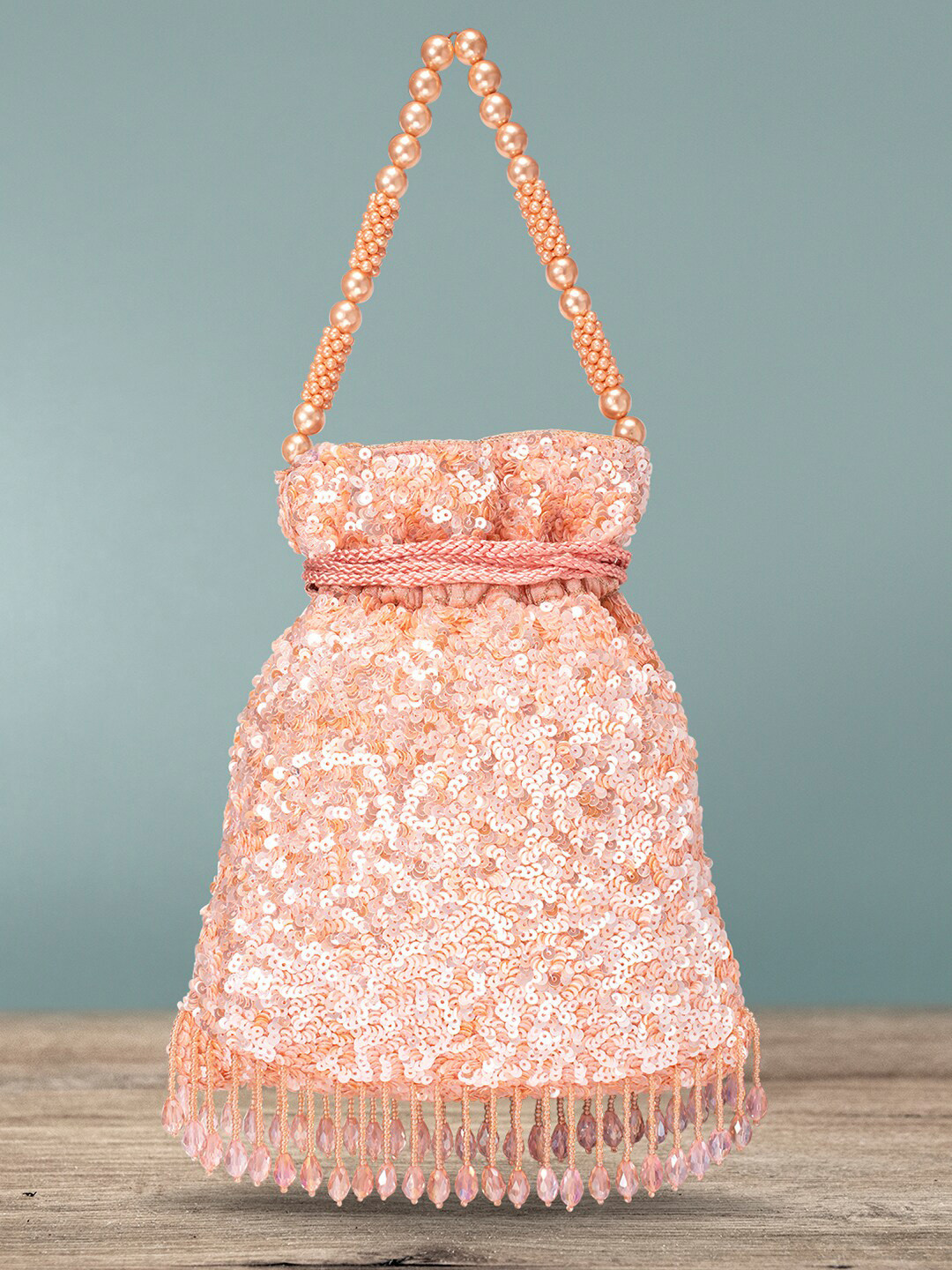 Peora Peach-Coloured Embellished Potli Clutch