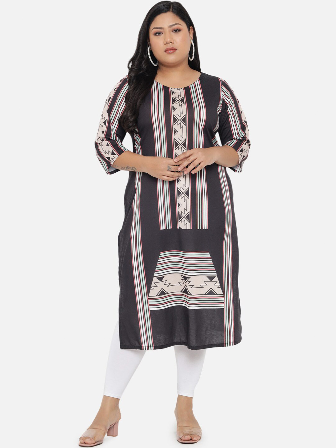 Amydus Women Plus Size Black & Beige Geometric Printed Kurta