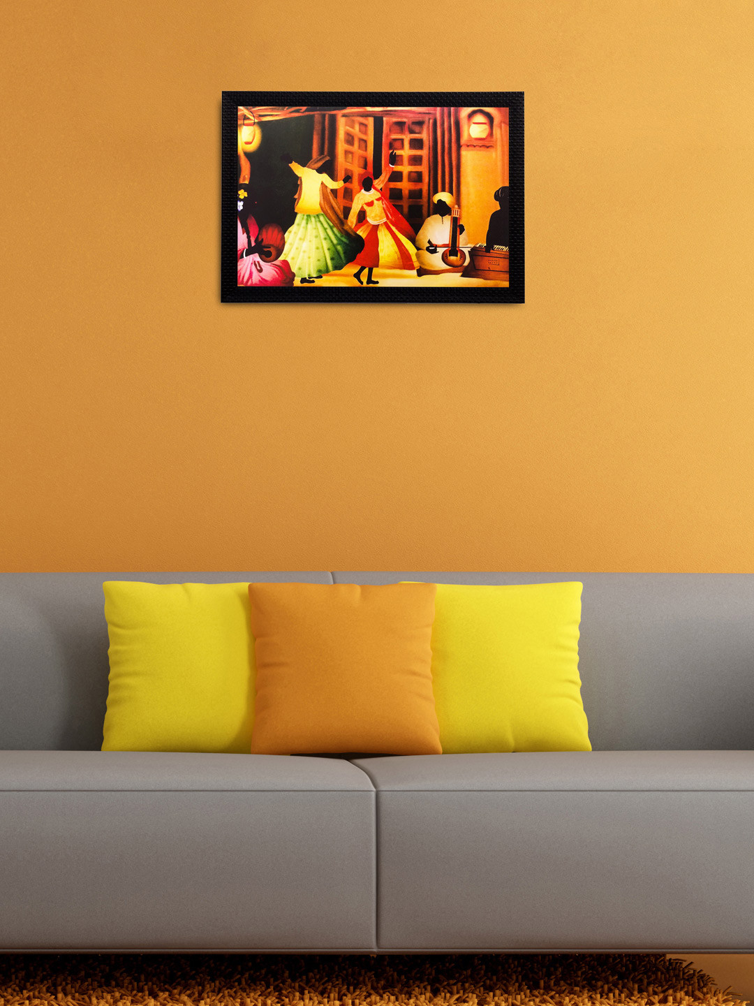 eCraftIndia Orange & Black Dancing Village Women UV Wall Art